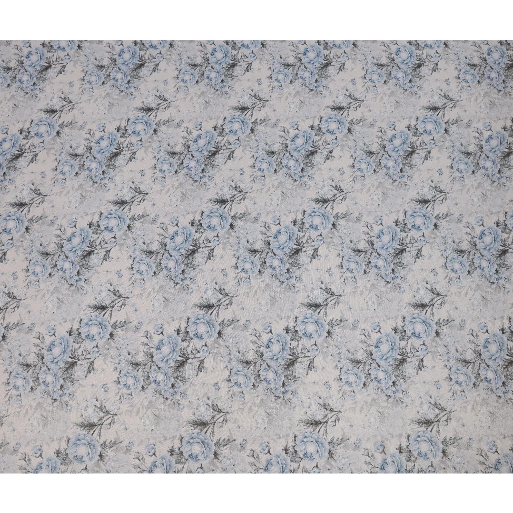 Silver Grey Viscose Digital Printed Fabric with Metallic Finish and Blue Floral Design, 110 cm Width-D21328