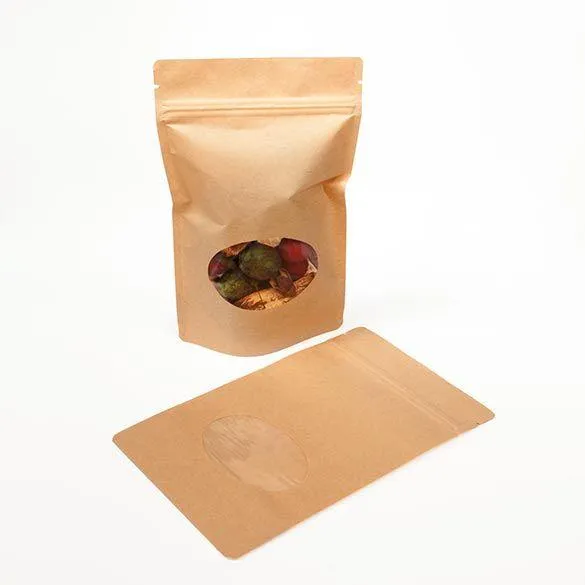 Stand Up Zipper Bag with Clear Oval Window - Kraft (1/2 Ounce)