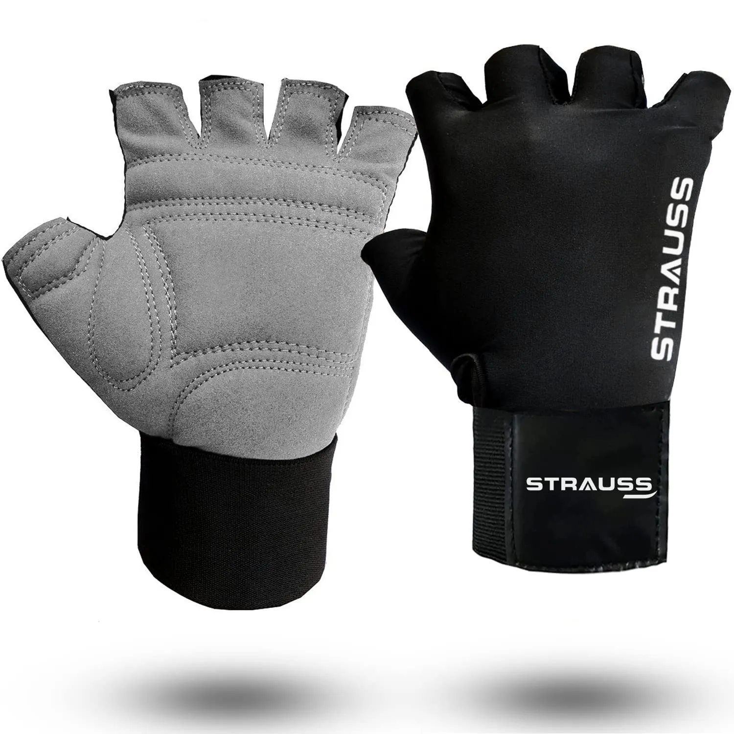 Strauss Suede Gym Gloves for Weightlifting, Training, Cycling, Exercise & Gym | Half Finger Design, 8mm Foam Cushioning, Anti-Slip & Breathable Lycra Material, (Grey/Black), (Extra Large)