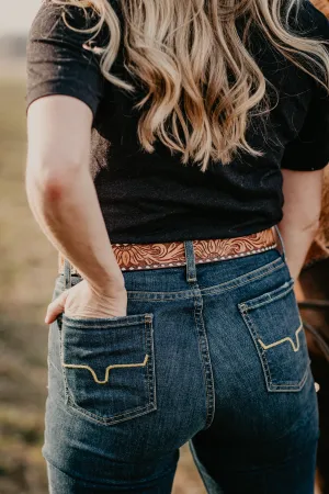 Sunflower Tooled Belt with White Buck Stitching and Buckle