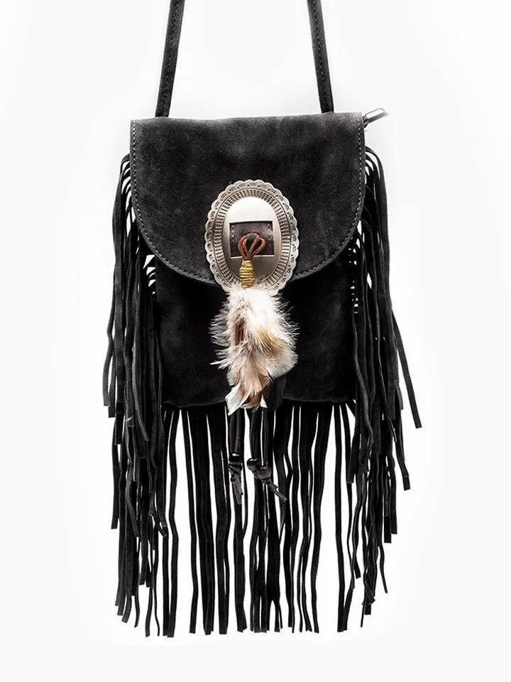 Tassel Feather Faux Suede Crossbody Bag