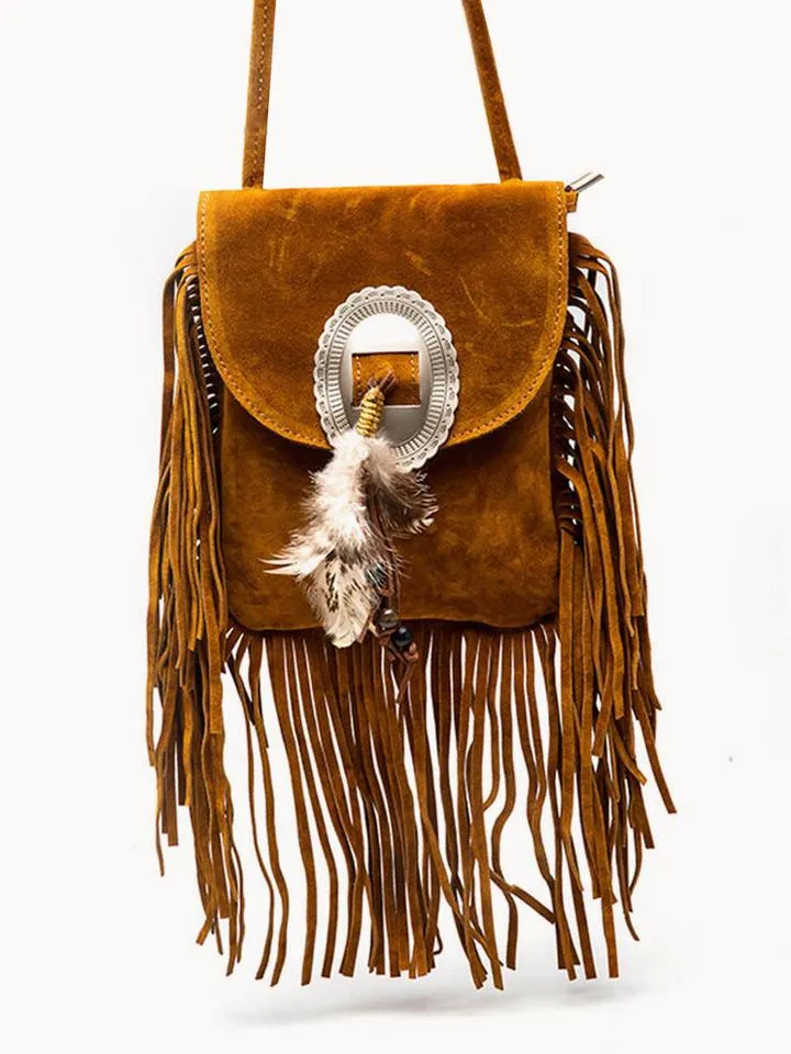 Tassel Feather Faux Suede Crossbody Bag