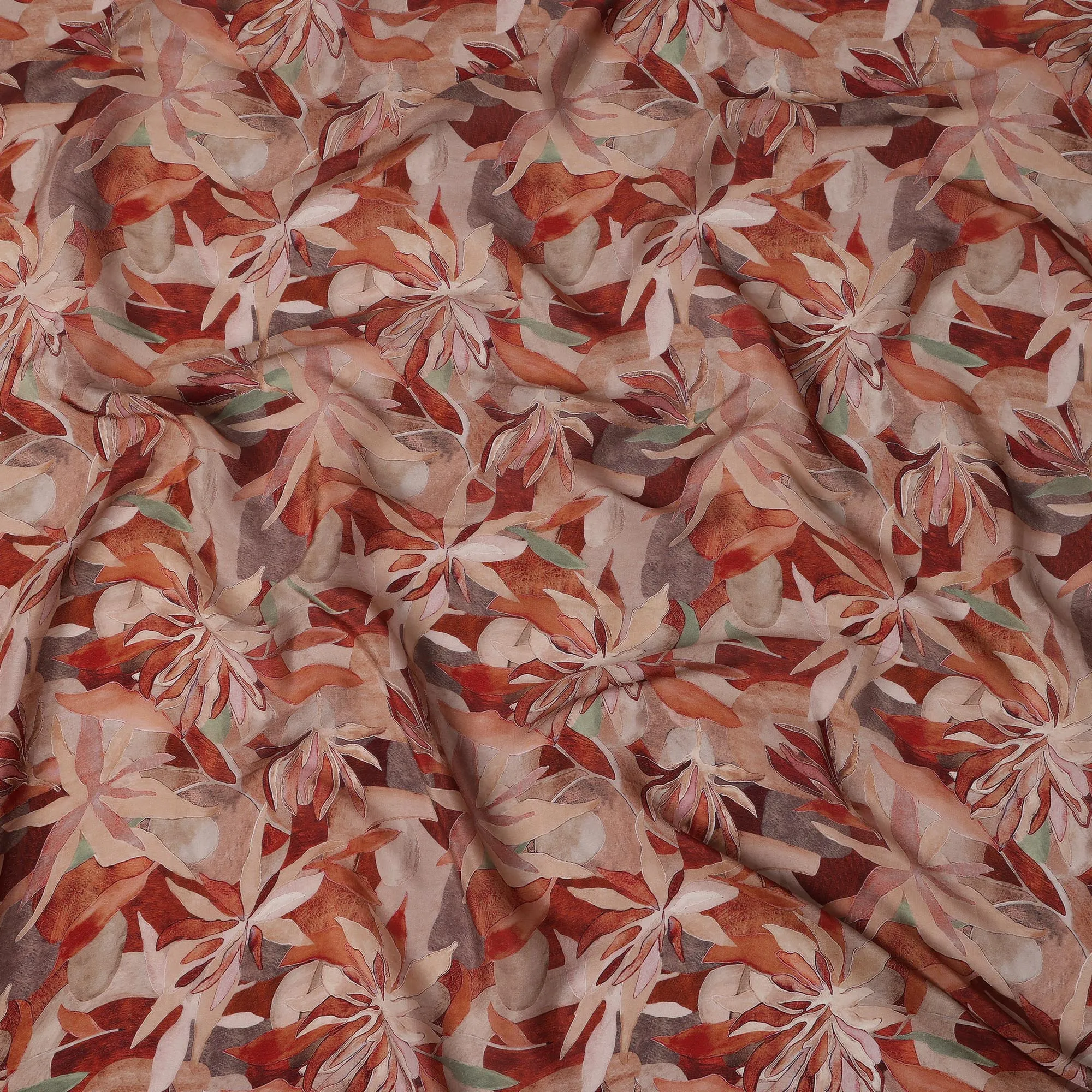 Terracotta Beige Viscose Digital Printed Fabric with Leafy Design, 110 cm Width-D21304