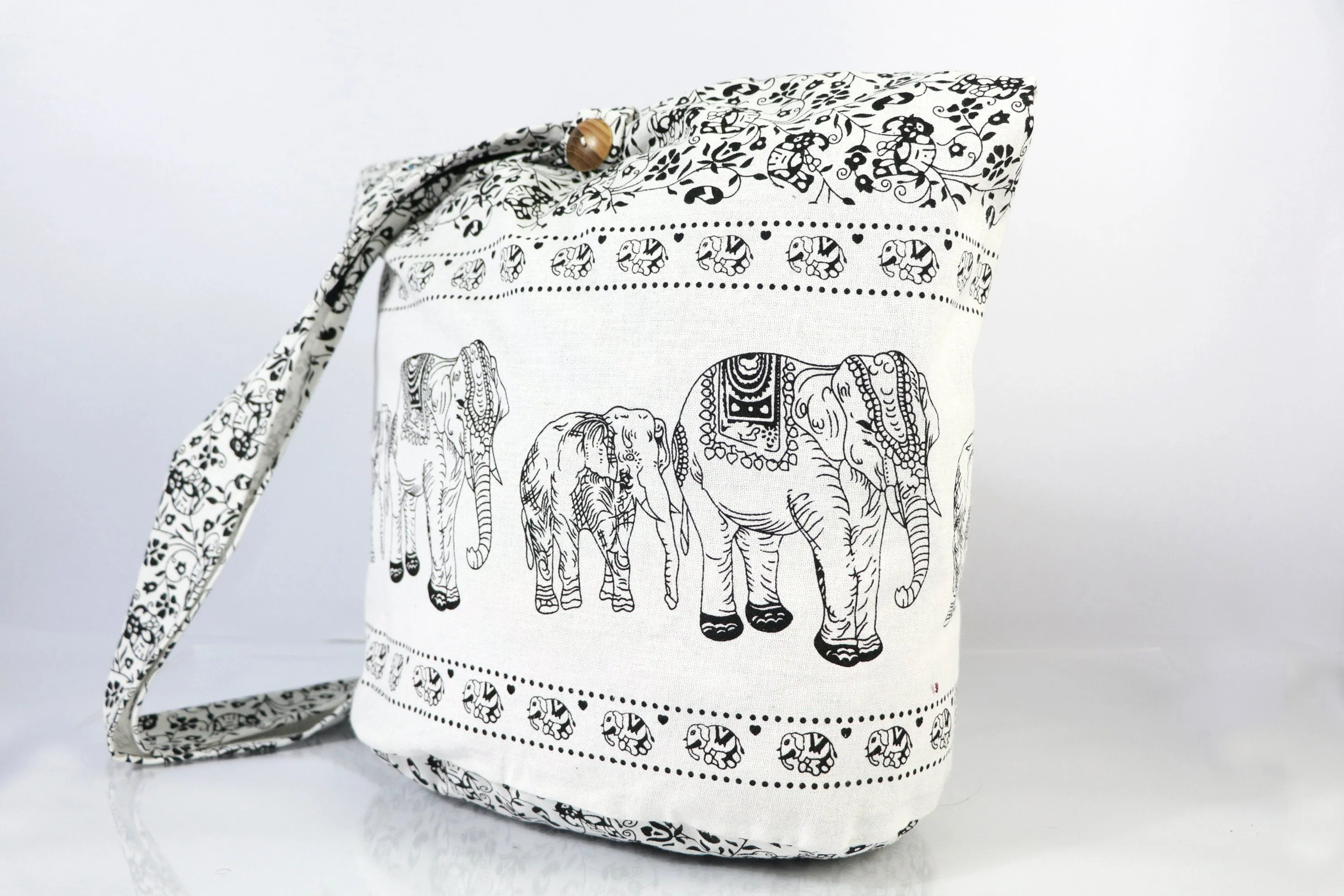 Tote bag Bohemian Messenger Shoulder Bag Cross body Bag Thai Elephant Hippie Hobo Boho Purse Cotton Sling Gift Bag Market bags White