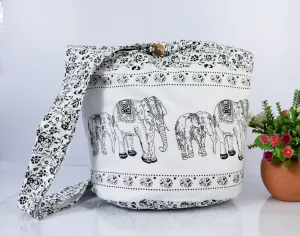 Tote bag Bohemian Messenger Shoulder Bag Cross body Bag Thai Elephant Hippie Hobo Boho Purse Cotton Sling Gift Bag Market bags White