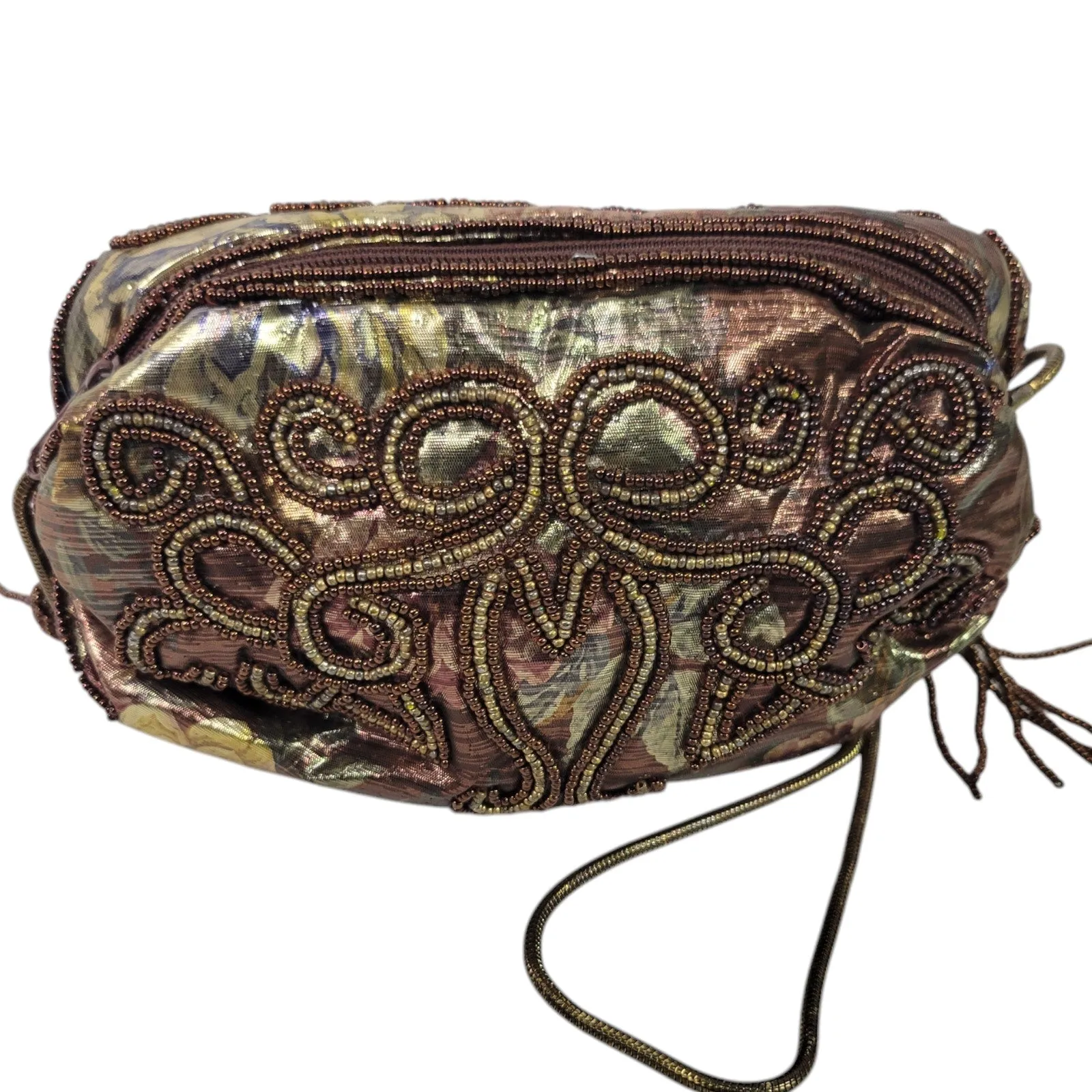 Vintage Magid Shoulder Bag Brown Iridescent Copper Beaded Handmade Crossbody Floral Fabric Shiny Shimmer Pouch