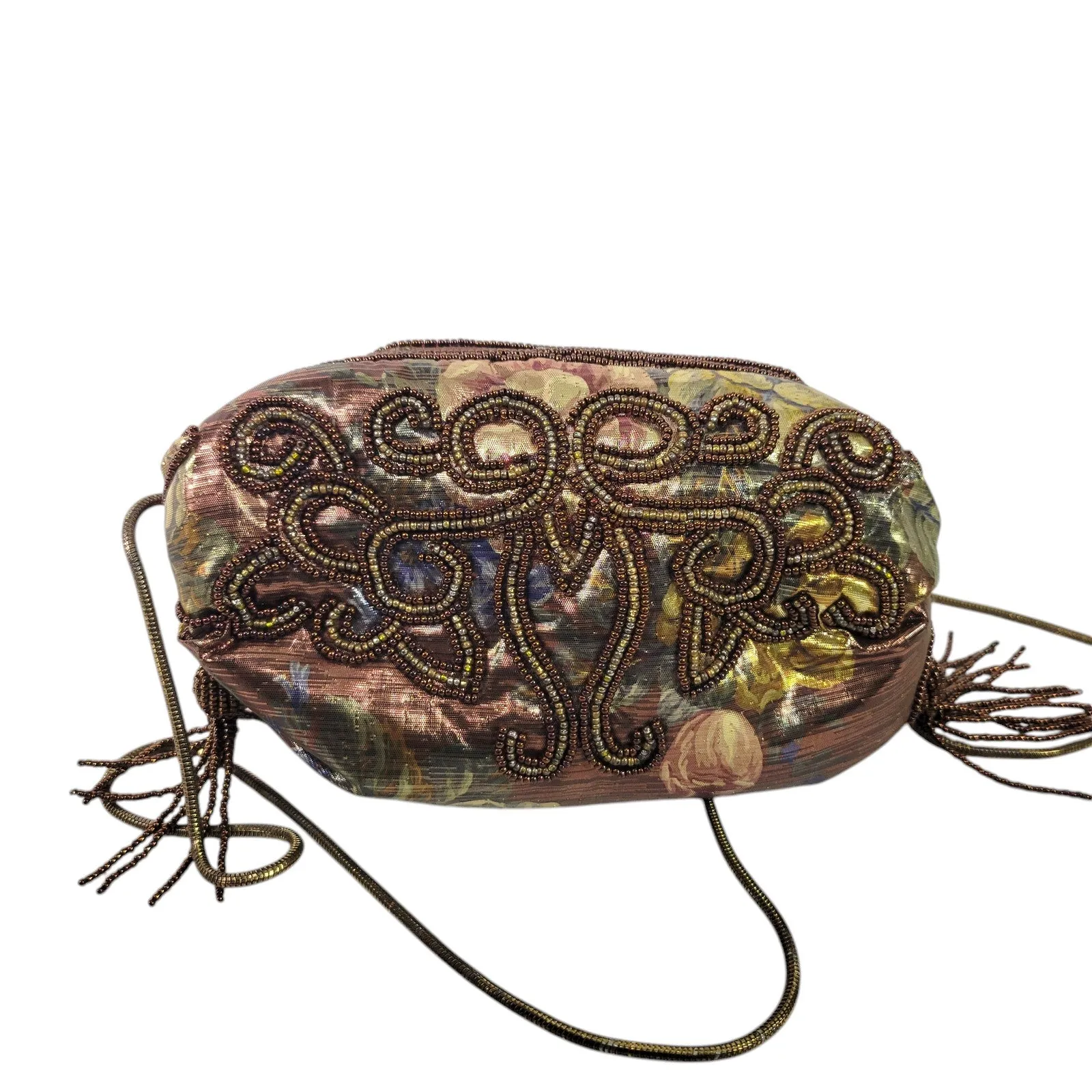 Vintage Magid Shoulder Bag Brown Iridescent Copper Beaded Handmade Crossbody Floral Fabric Shiny Shimmer Pouch