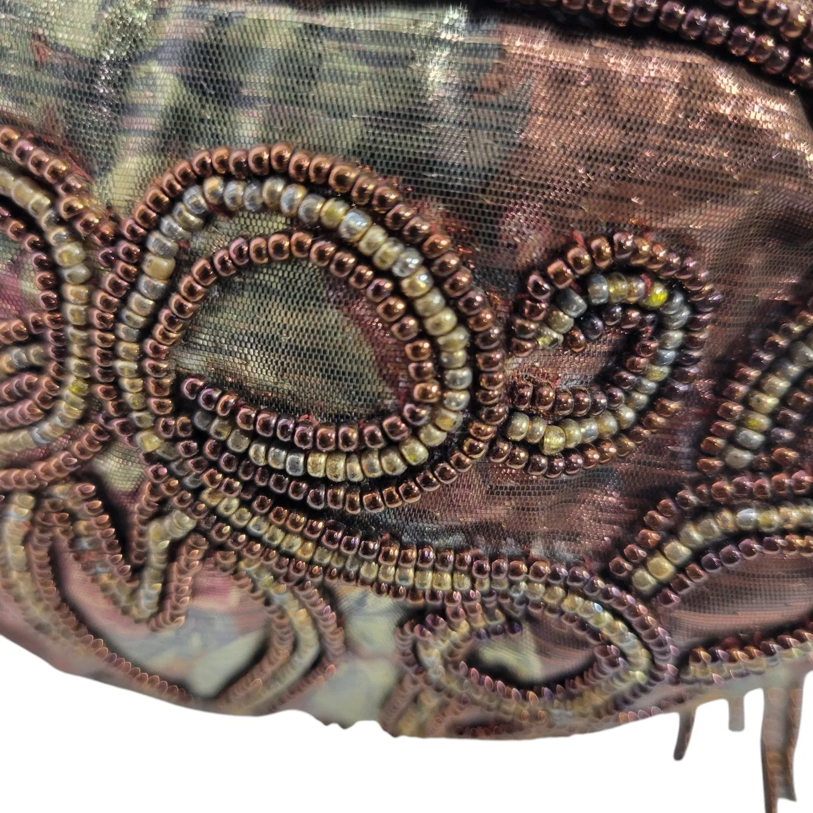 Vintage Magid Shoulder Bag Brown Iridescent Copper Beaded Handmade Crossbody Floral Fabric Shiny Shimmer Pouch