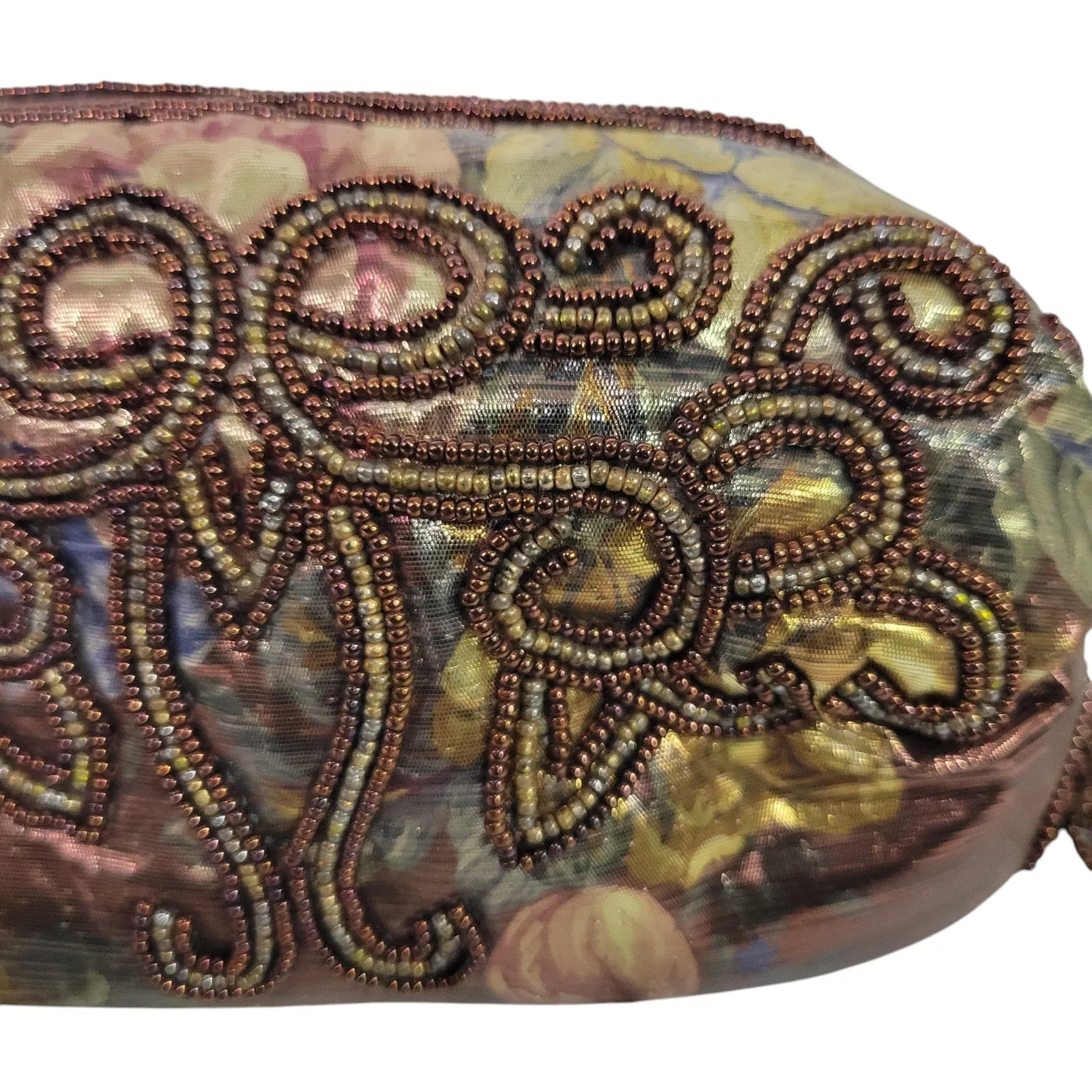 Vintage Magid Shoulder Bag Brown Iridescent Copper Beaded Handmade Crossbody Floral Fabric Shiny Shimmer Pouch