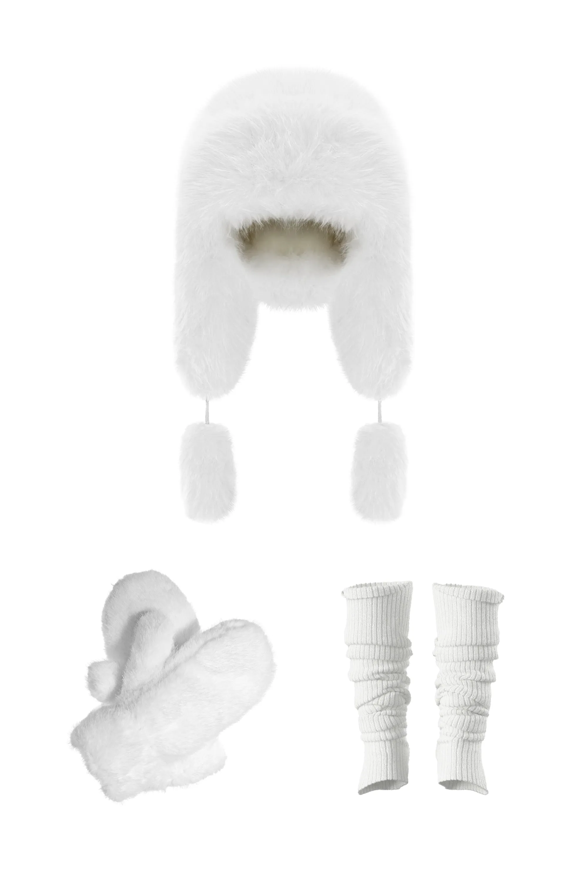 Winter Warmth Bundle: White Hat, Fur Mittens & Knitted Leg Warmers