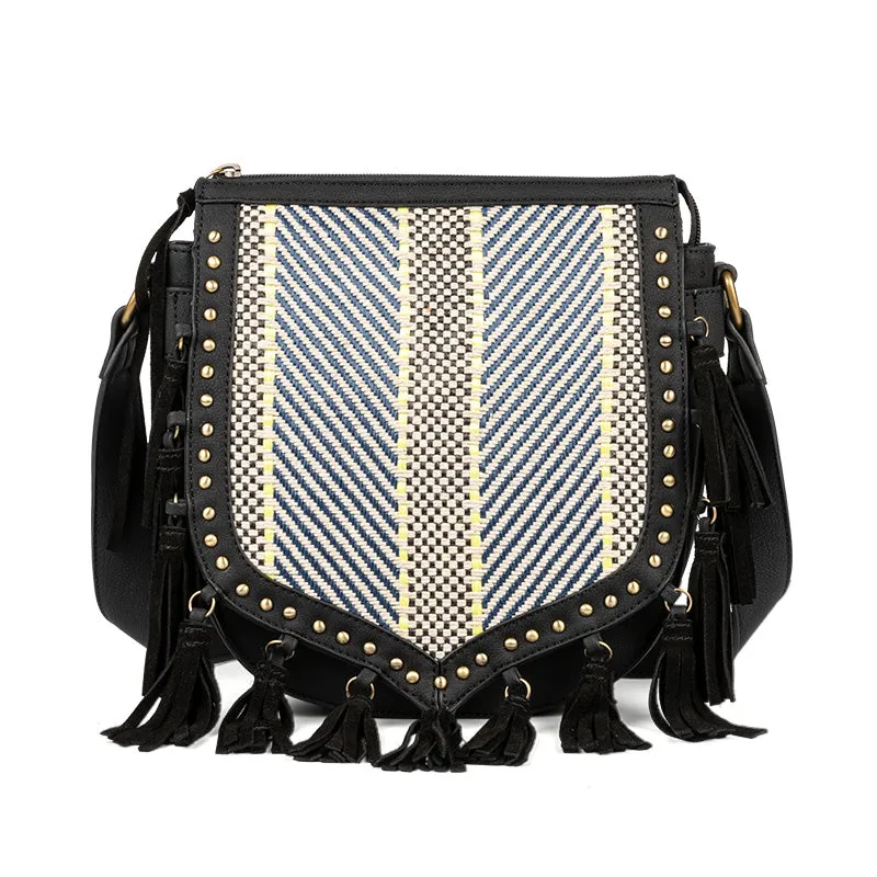 Womens Vegan Leather Black Fringe Crossbody Purse Boho Bags For Women