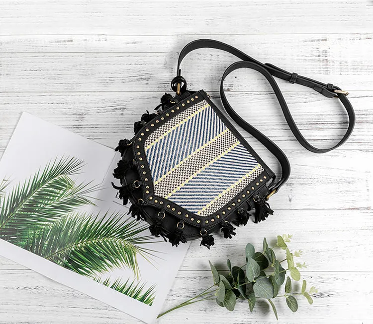 Womens Vegan Leather Black Fringe Crossbody Purse Boho Bags For Women